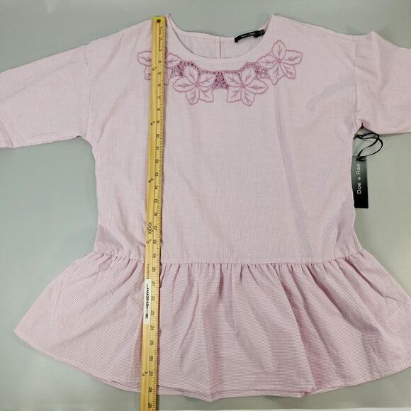 Womens Peplum Top Medium Pink Striped Ruffled Embroidered Cottagecore Modest - Picture 10 of 15